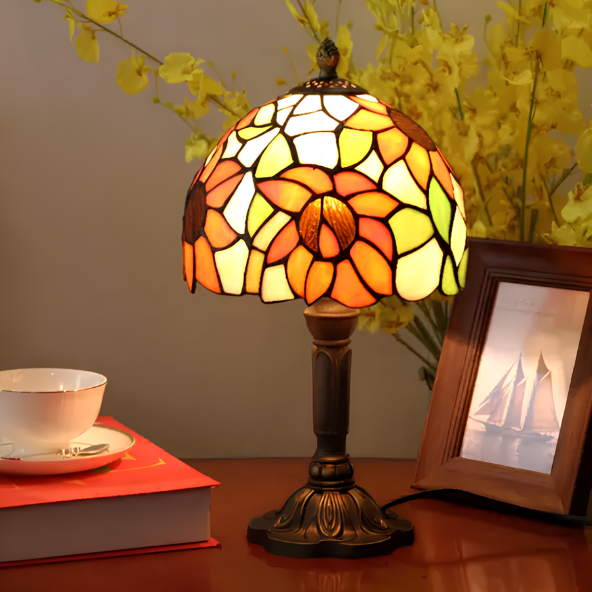 Antyczna Lampa Witrażowa | Ciepłe Oświetlenie, Ręcznie Wykonana, Szkło, 37x20 cm 3