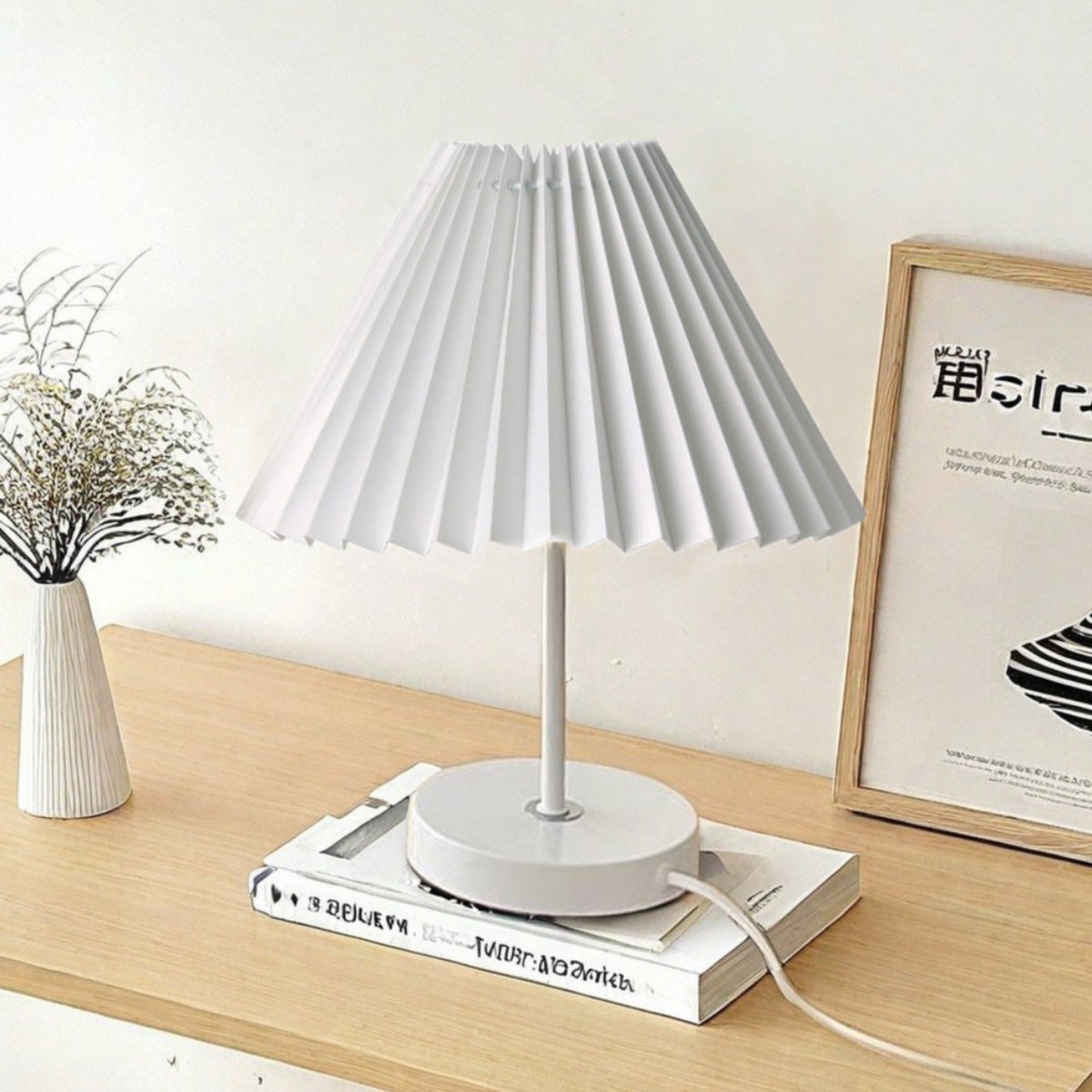 Lampa Stołowa Szklana z Plisowanym Abażurem | Regulowane LED, Stabilna Podstawa do Salonu 11