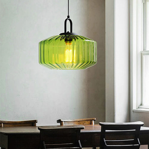 Lampa Wisząca Szklana Prążkowana Zielona – Elegancka Lampa do Salonu i Jadalni, Oświetlenie Nad Stół 0