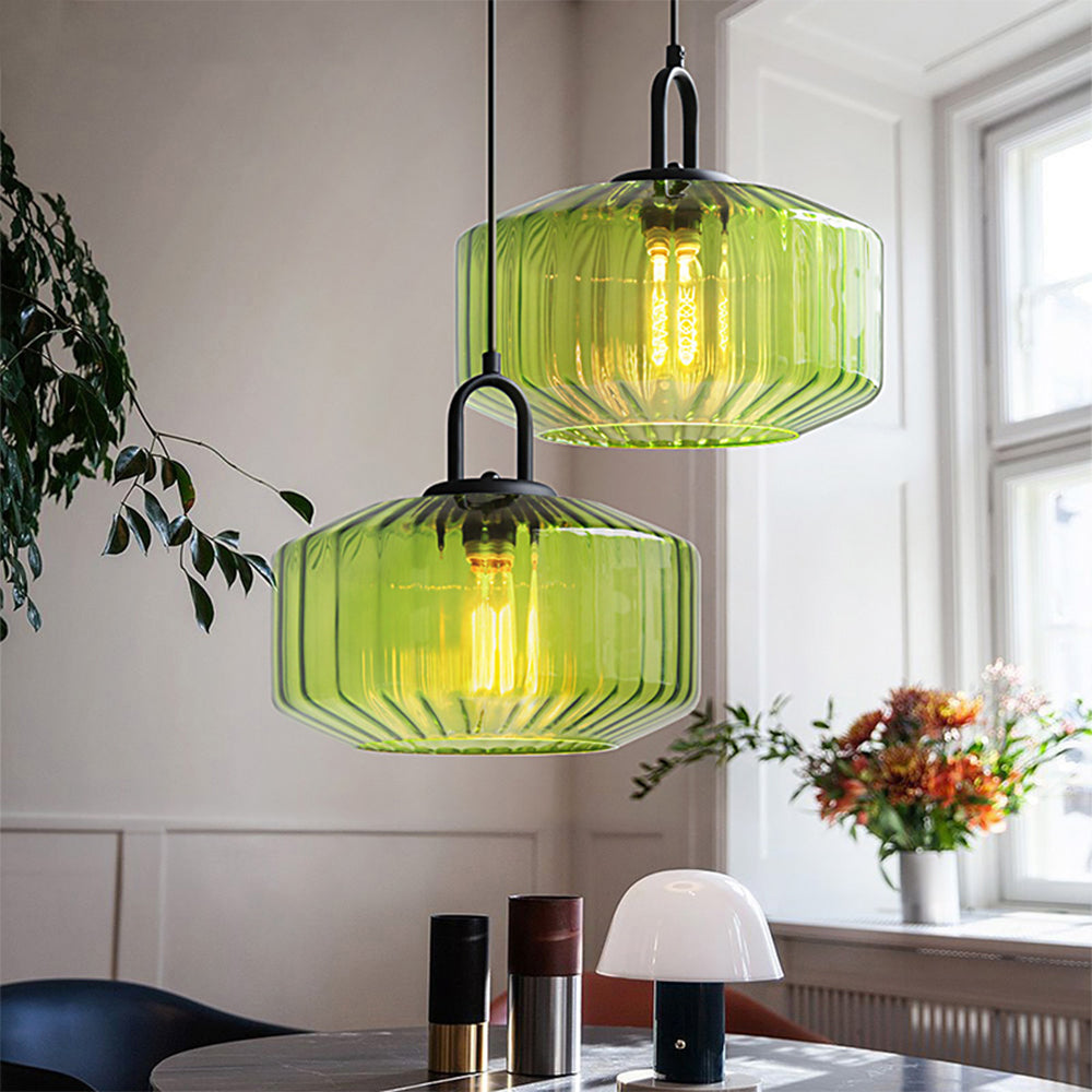 Lampa Wisząca Szklana Prążkowana Zielona – Elegancka Lampa do Salonu i Jadalni, Oświetlenie Nad Stół 1