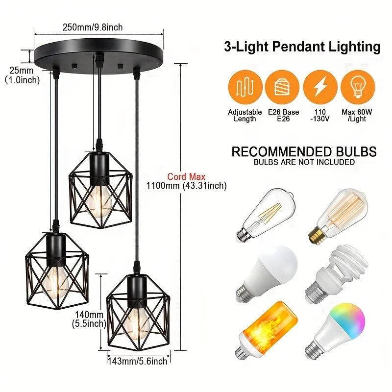 Lampa Wisząca Vintage | 3 Klosze, Metalowa Konstrukcja, 2 kg 3