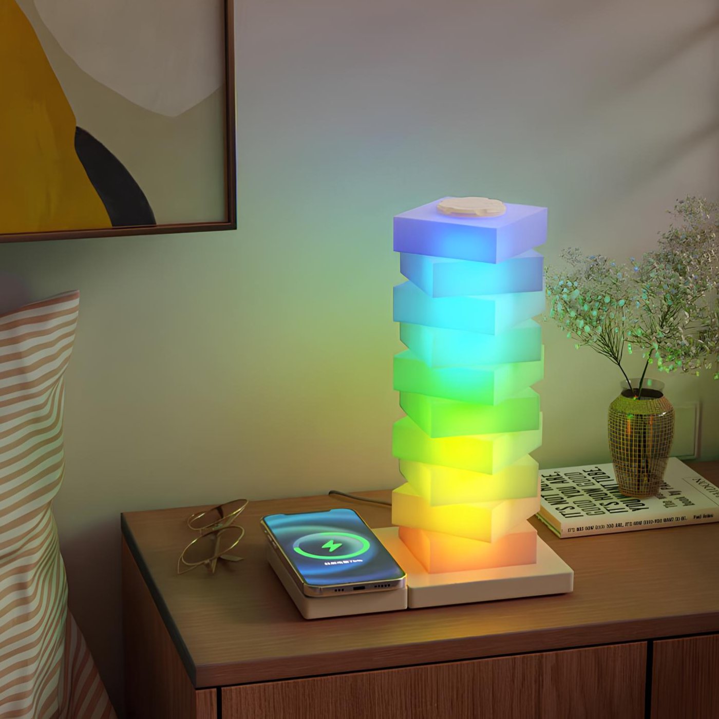 Skręcony Filar Światła z Regulowanym Abażurem | Lampa Ozdobna z Bezprzewodową Ładowarką 15W, Nowoczesny Design 1