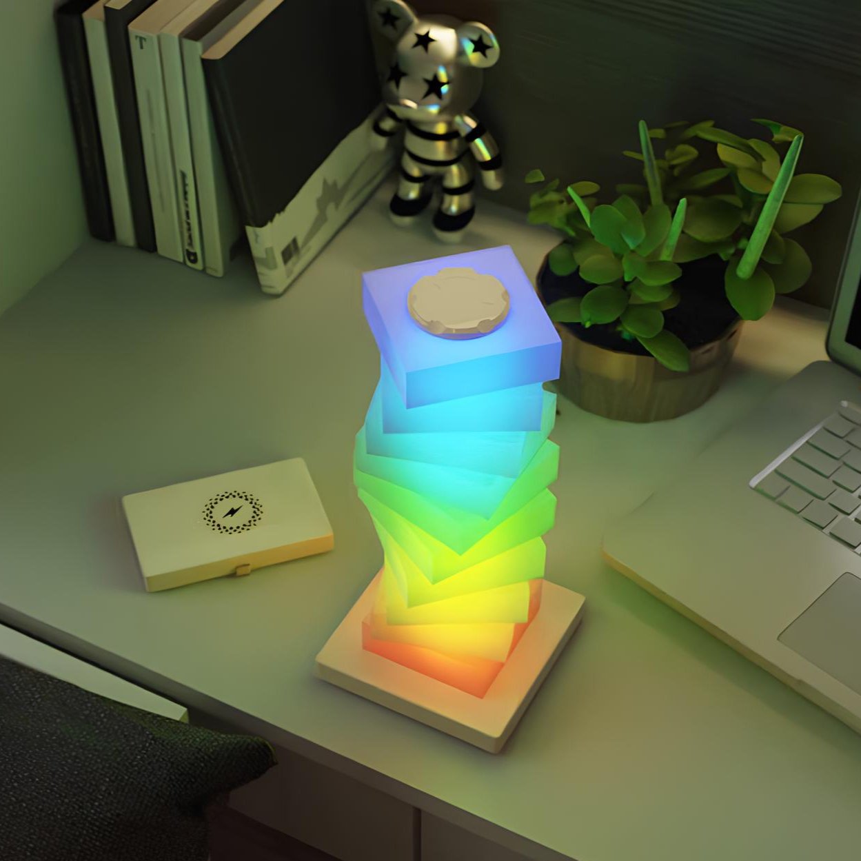 Skręcony Filar Światła z Regulowanym Abażurem | Lampa Ozdobna z Bezprzewodową Ładowarką 15W, Nowoczesny Design 2