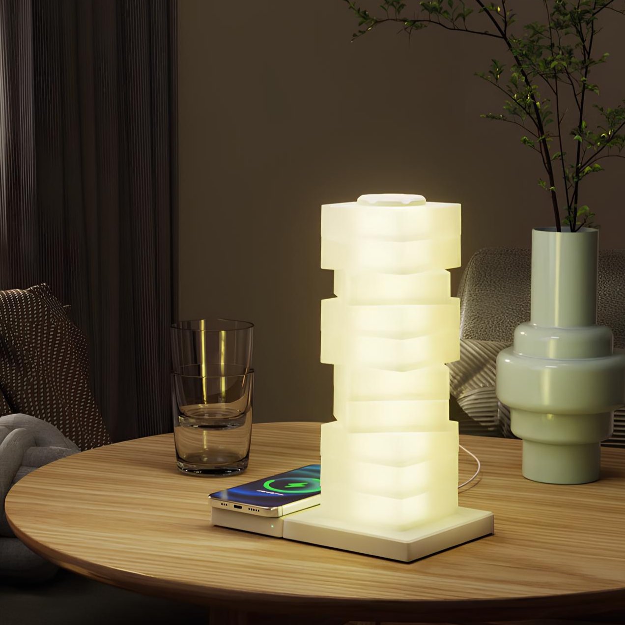 Skręcony Filar Światła z Regulowanym Abażurem | Lampa Ozdobna z Bezprzewodową Ładowarką 15W, Nowoczesny Design 7