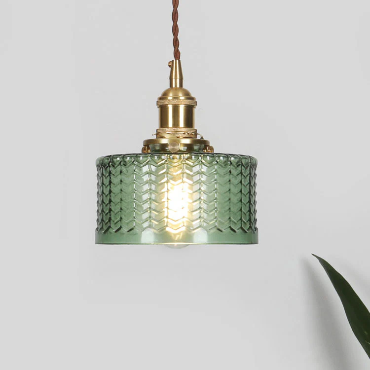 Japońska vintage mosiężno-szklana okrągła lampa wisząca