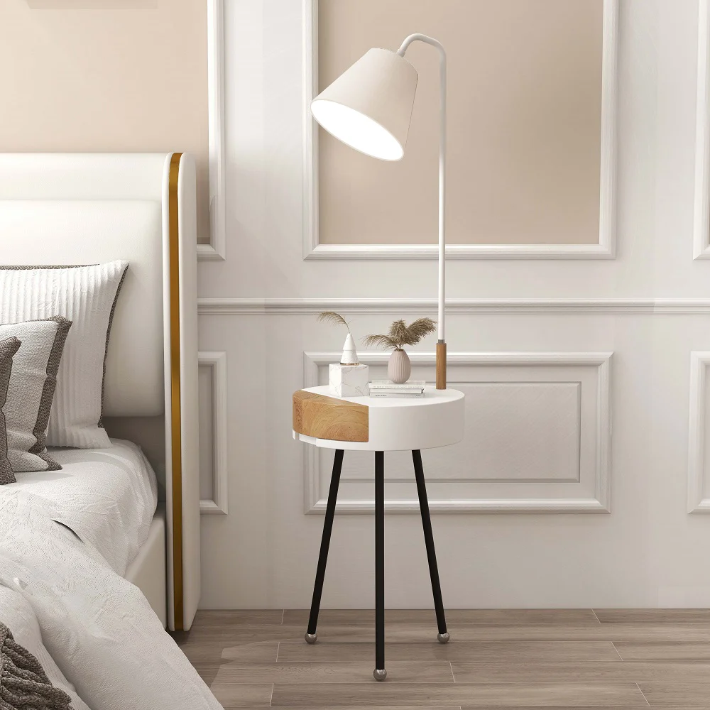 Drewniany stolik stołowy statyw Lampa podłogowa z tkaniny