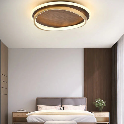 Minimalistyczna Orzechowa okrągła lampa sufitowa LED