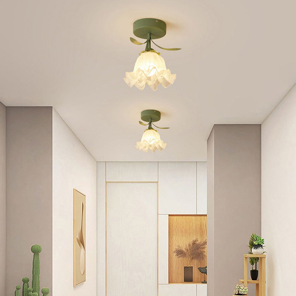 Kwiatowy Plafon Sufitowy ze Szkła, Stylowy Plafon do Salonów i Sypialni, 280 mm, Zielony i Biały 1