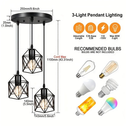 Lampa Wisząca Vintage | 3 Klosze, Metalowa Konstrukcja, 2 kg 3