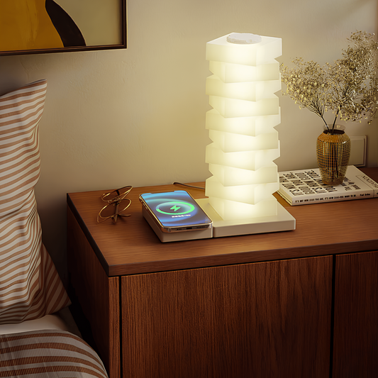 Skręcony Filar Światła z Regulowanym Abażurem | Lampa Ozdobna z Bezprzewodową Ładowarką 15W, Nowoczesny Design 0